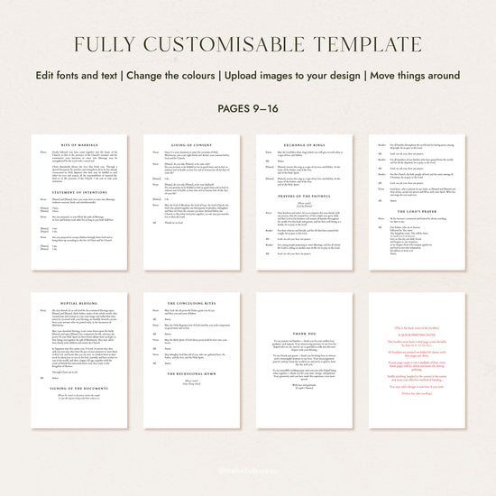 Catholic order of service booklet template, pages 9-16 without mass, ending with the thank you page