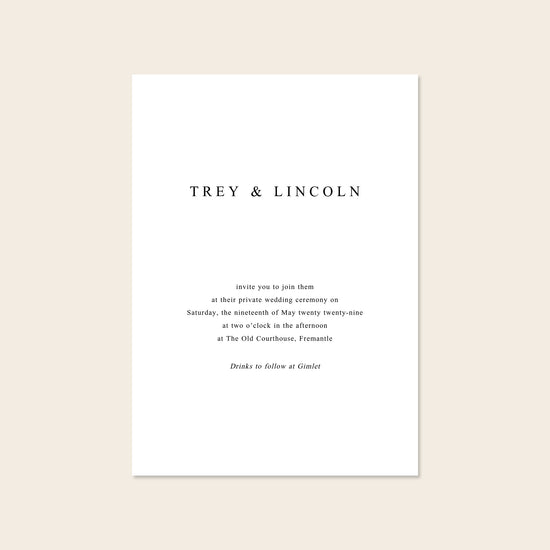 Wedding invitation template design on a beige background.