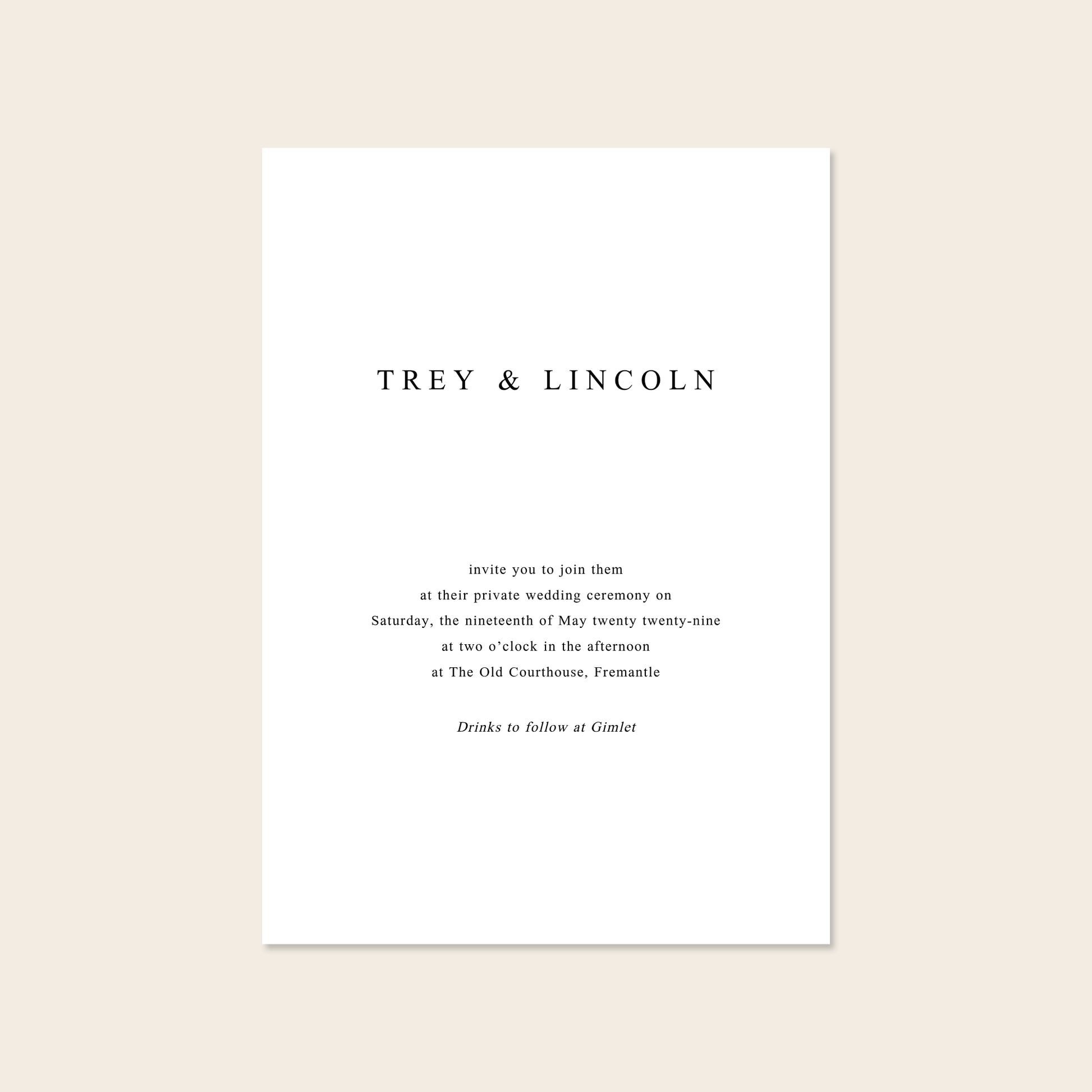 Wedding invitation template design on a beige background.