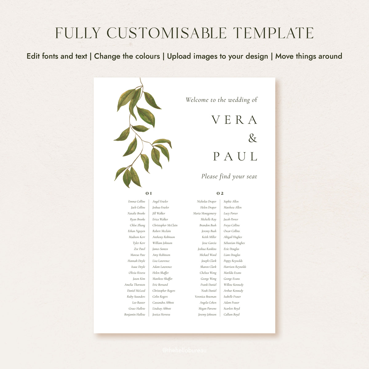 Fully customisable banquet seating chart template with hand-painted botanical foliage, showing editable text, colours and layout options