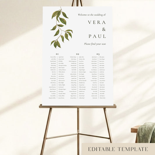 Editable 3-long-table wedding seating chart on an easel, with hand-painted botanical foliage and guest names organised across three columns