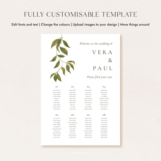 Fully customisable wedding seating chart template with hand-painted botanical foliage for 8 tables, showing editable text and colours