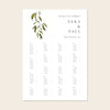 Wedding alphabetical table seating plan template design on a beige background.