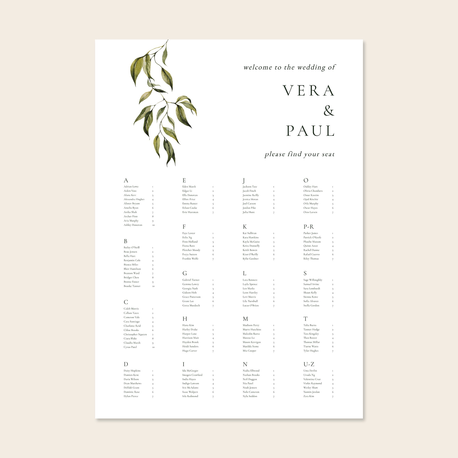 Wedding alphabetical table seating plan template design on a beige background.