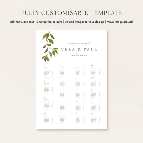 Fully customisable A–Z seating chart template with hand-painted botanical foliage, showing editable guest names, colours and layout