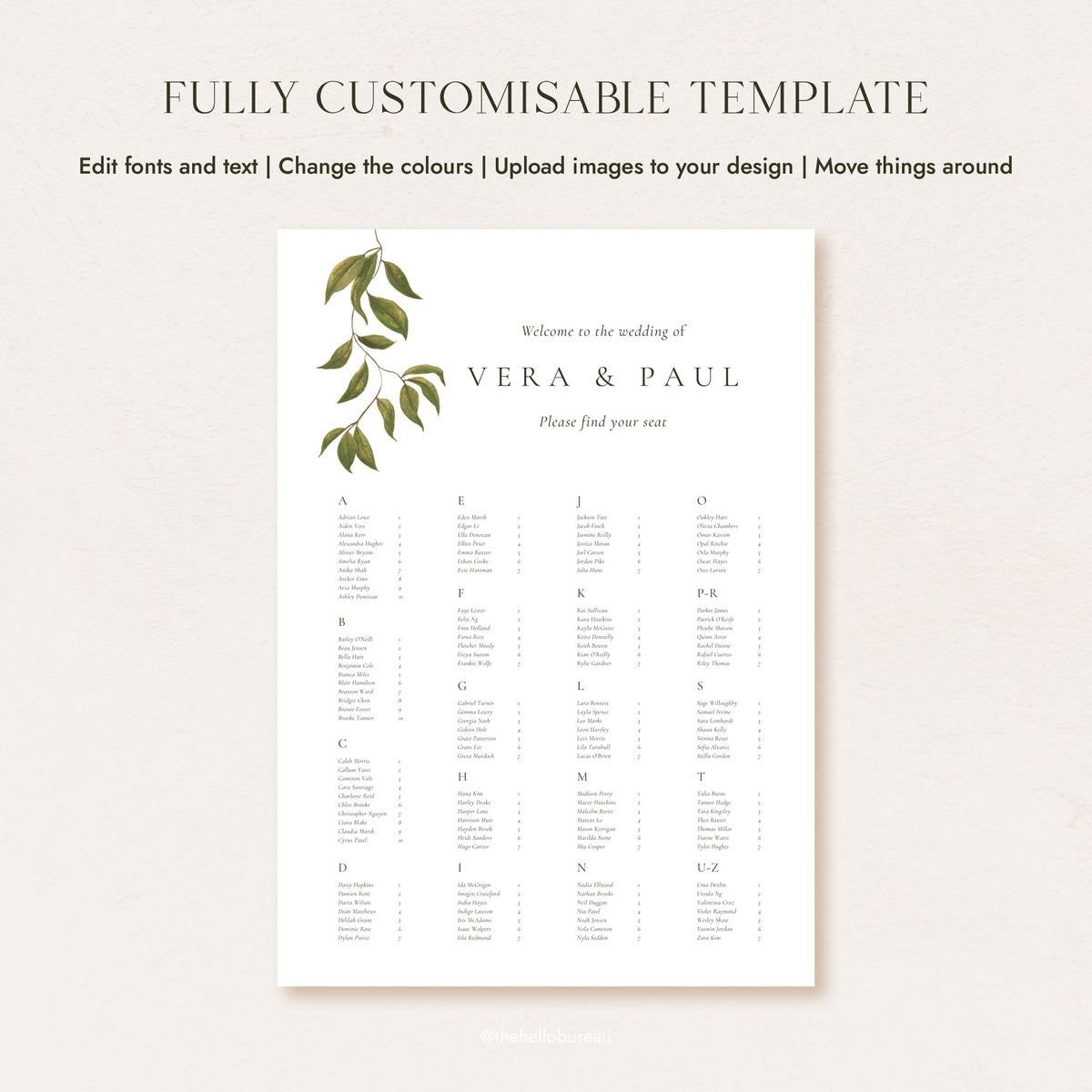 Fully customisable A–Z seating chart template with hand-painted botanical foliage, showing editable guest names, colours and layout