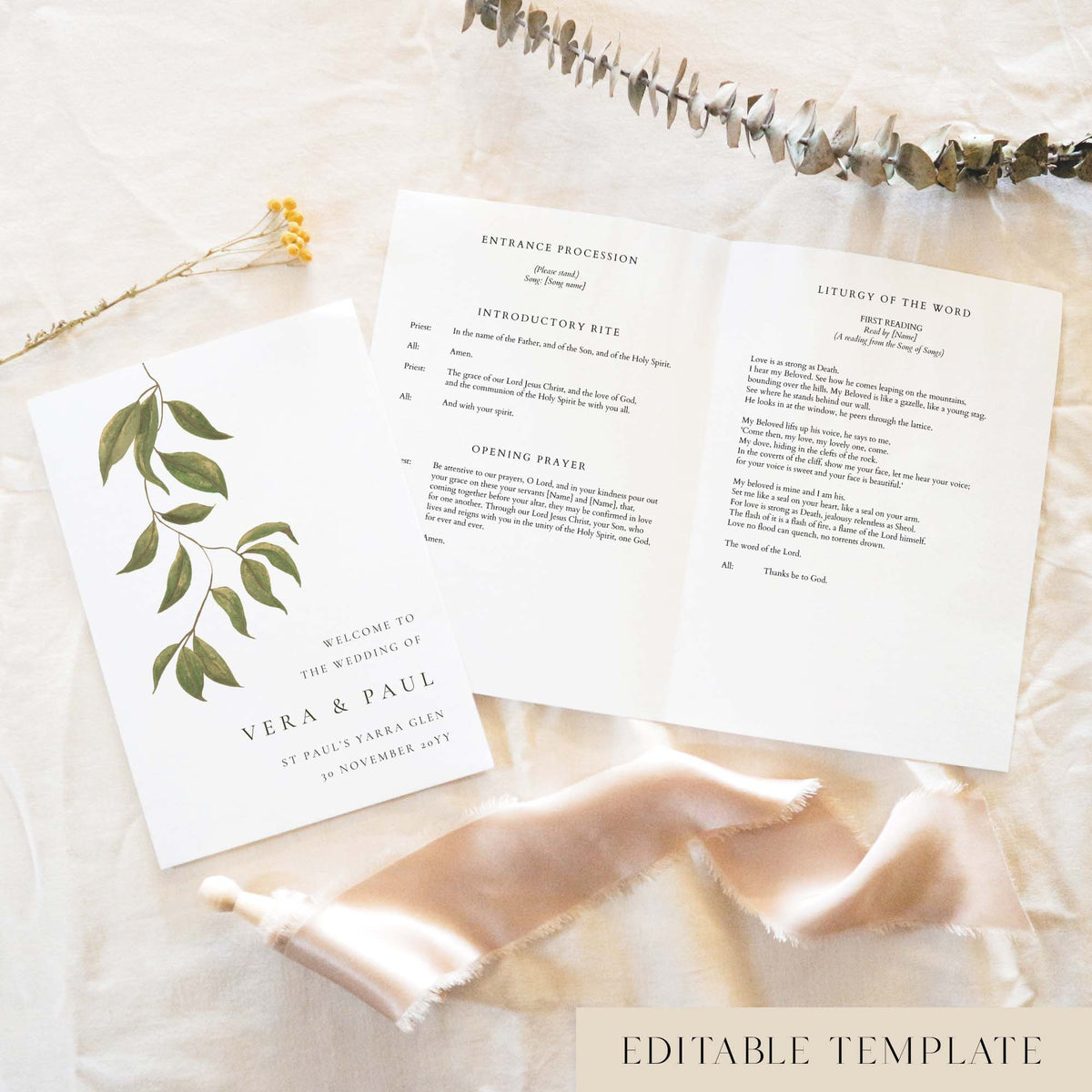 Catholic wedding ceremony booklet template with hand-painted botanical cover and open pages showing the entrance procession