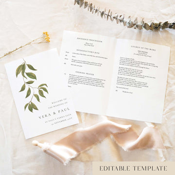 Catholic wedding ceremony booklet template with hand-painted botanical cover and open pages showing the entrance procession