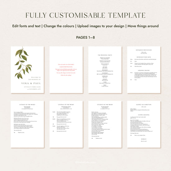 Catholic wedding ceremony script pages 1 to 8, A5 layout with hand-painted greenery cover through to the gospel reading