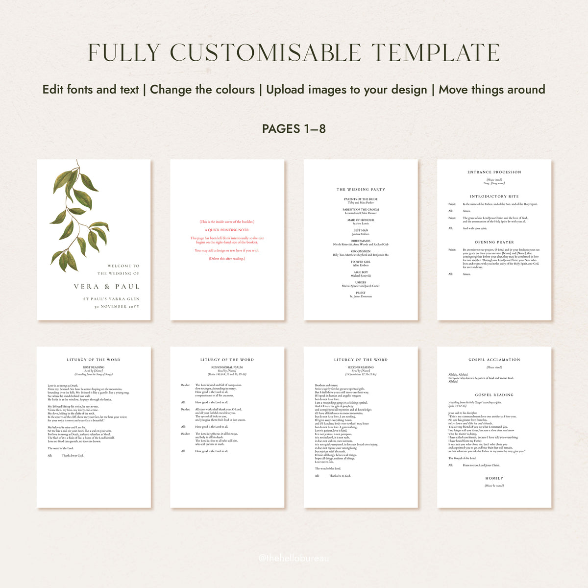Catholic wedding ceremony script pages 1 to 8, A5 layout with hand-painted greenery cover through to the gospel reading