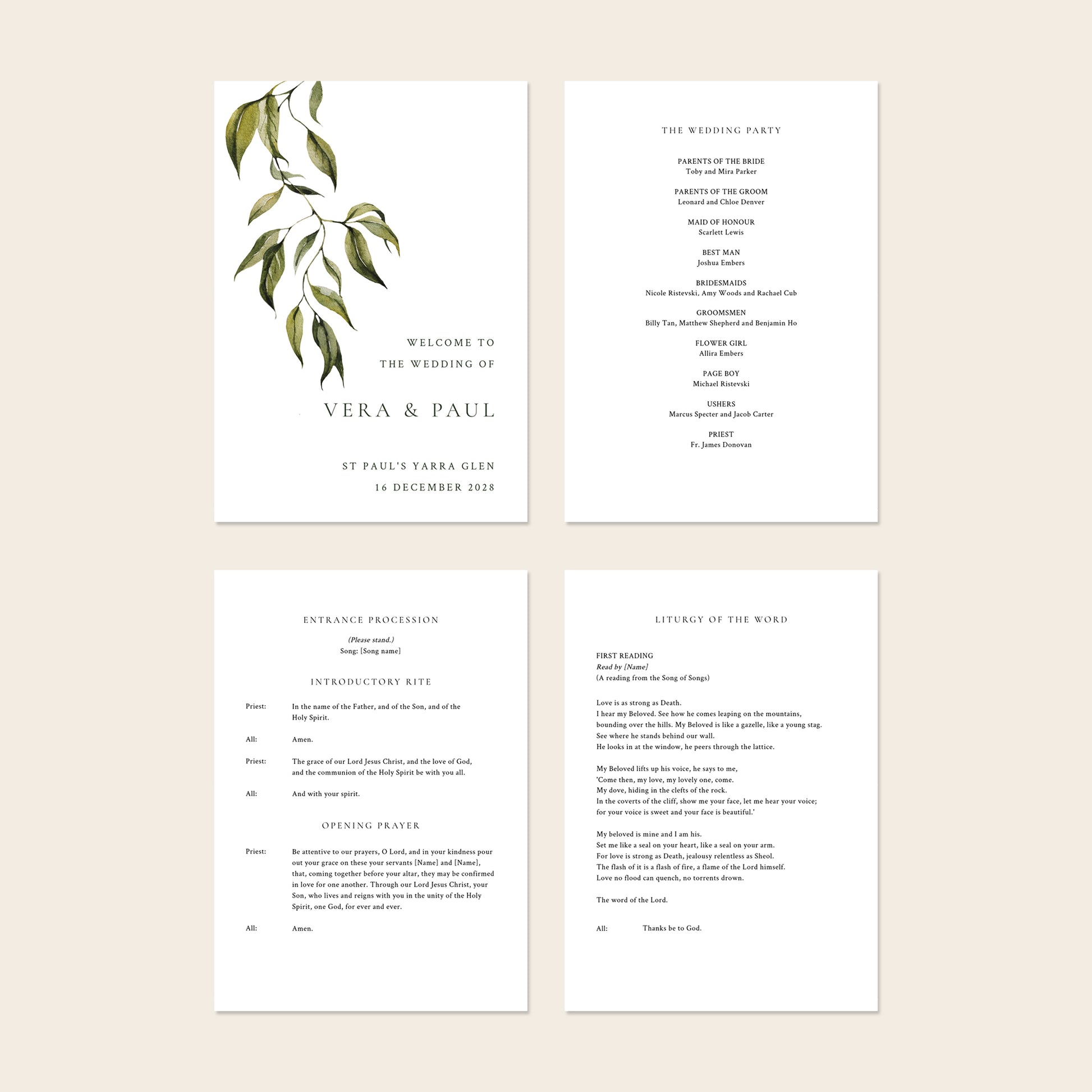 Four A5 wedding Mass ceremony booklet pages shown together, including the cover and interior layouts.