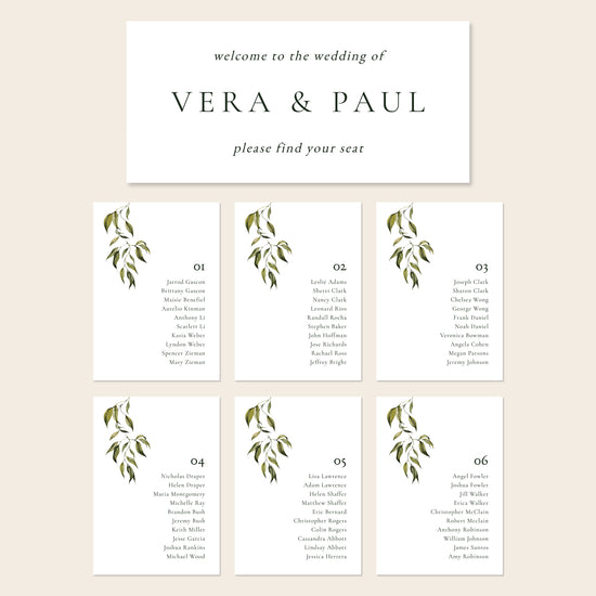 Printable seating chart cards template design with names and title on a beige background.