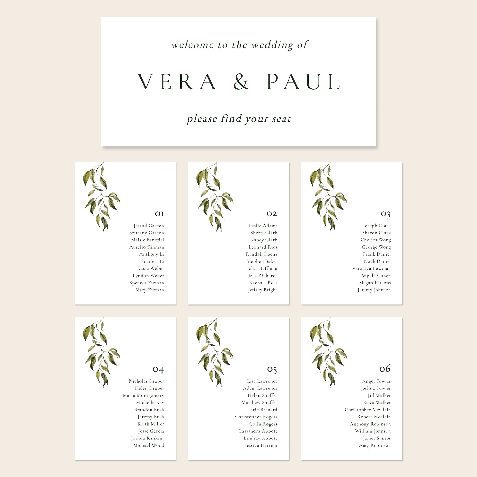 Printable seating chart cards template design with names and title on a beige background.