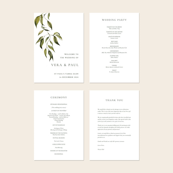 Set of wedding ceremony programs with green leaf design on a beige background