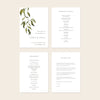 Set of wedding ceremony programs with green leaf design on a beige background