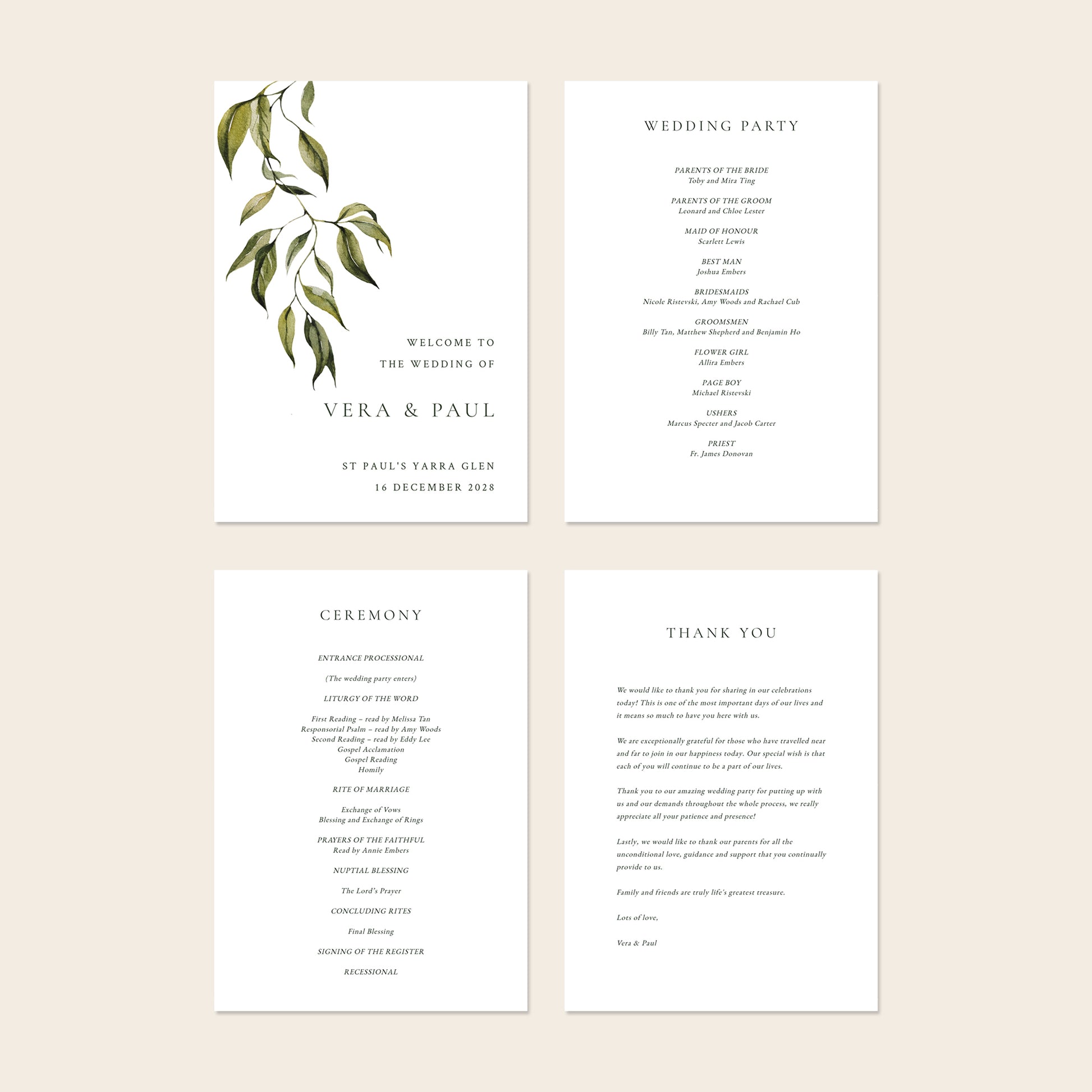 Set of wedding ceremony programs with green leaf design on a beige background