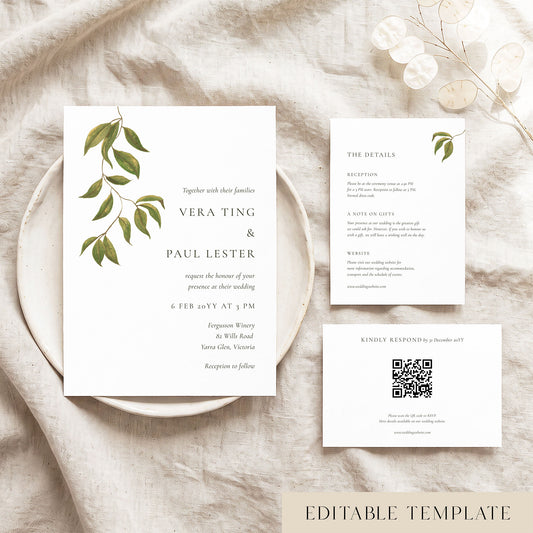 Flat lay of Evergreen 5x7 wedding invitation suite template with hand-painted greenery, including invitation, details and QR code RSVP cards.