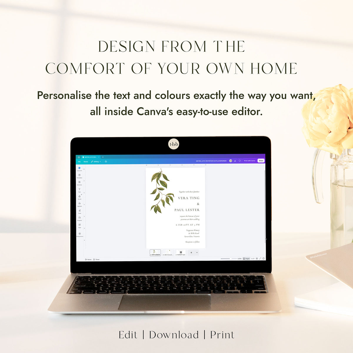 Laptop displaying the Evergreen invitation suite template open in Canva, with the 5x7 invitation, details and RSVP cards ready to customise.