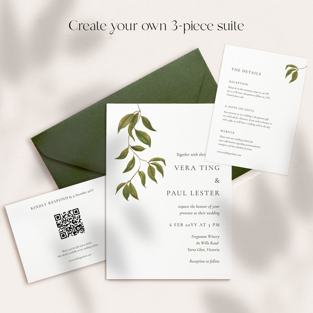 Customisable wedding invitation suite template with hand-painted leaves, showing the invitation, RSVP and details cards fanned over a green envelope.