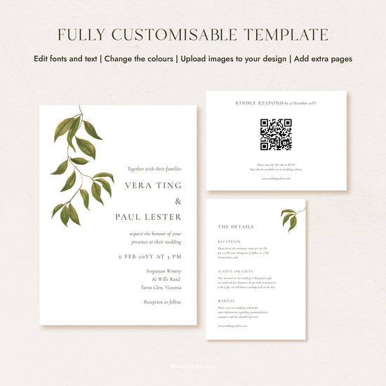 A digital mockup showing a customisable invitation suite template on a warm beige background. The set includes a main invitation card with a green leafy vine illustration, a QR code reply card, and a details card.