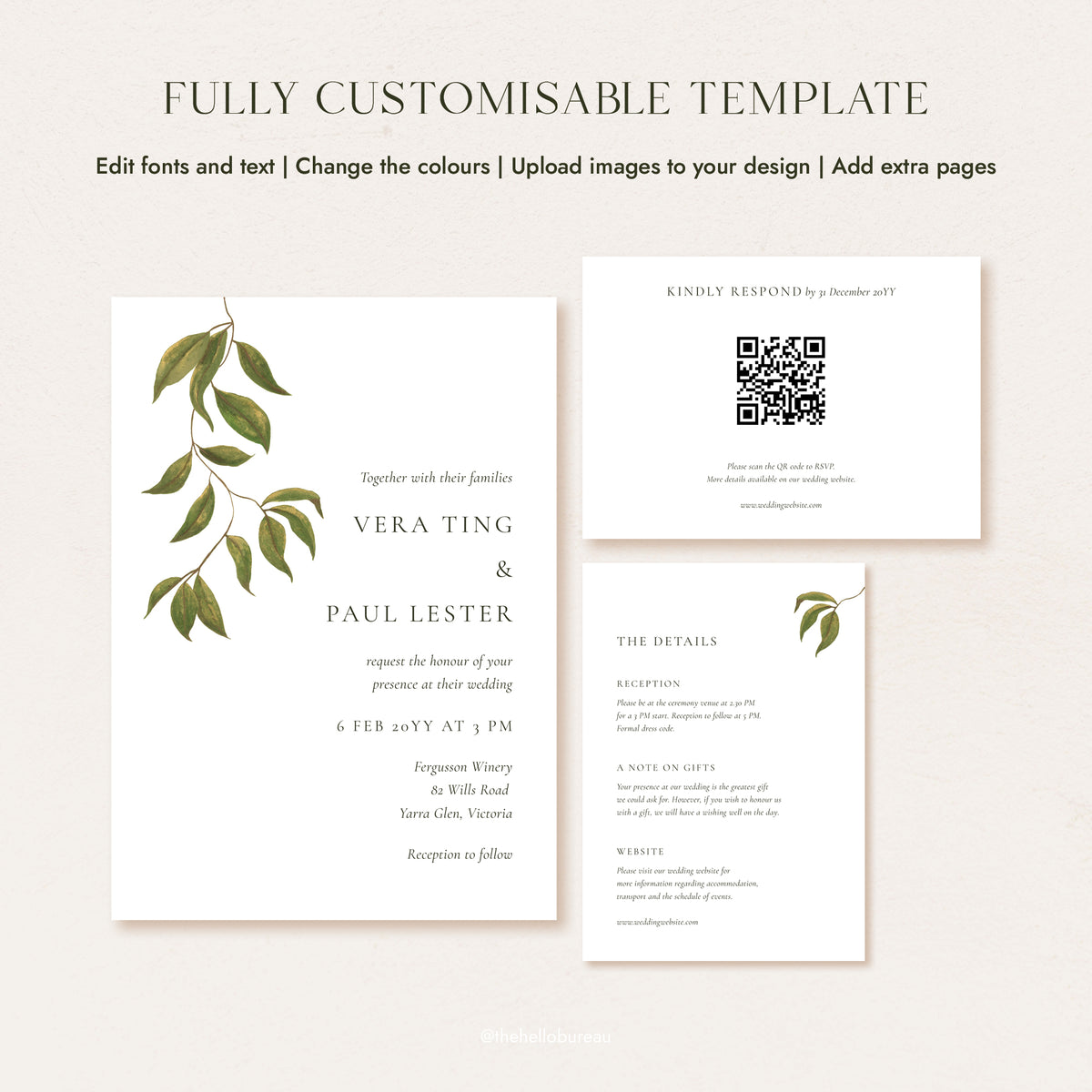 A digital mockup showing a customisable invitation suite template on a warm beige background. The set includes a main invitation card with a green leafy vine illustration, a QR code reply card, and a details card.