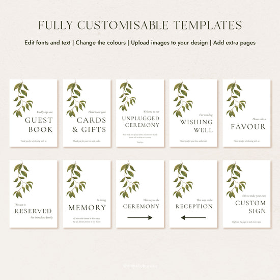 Ten editable Evergreen wedding signs with a green botanical leaf branch: guest book, cards and gifts, unplugged ceremony, wishing well, favour, reserved, memory, ceremony, reception and custom. DIY Canva templates.
