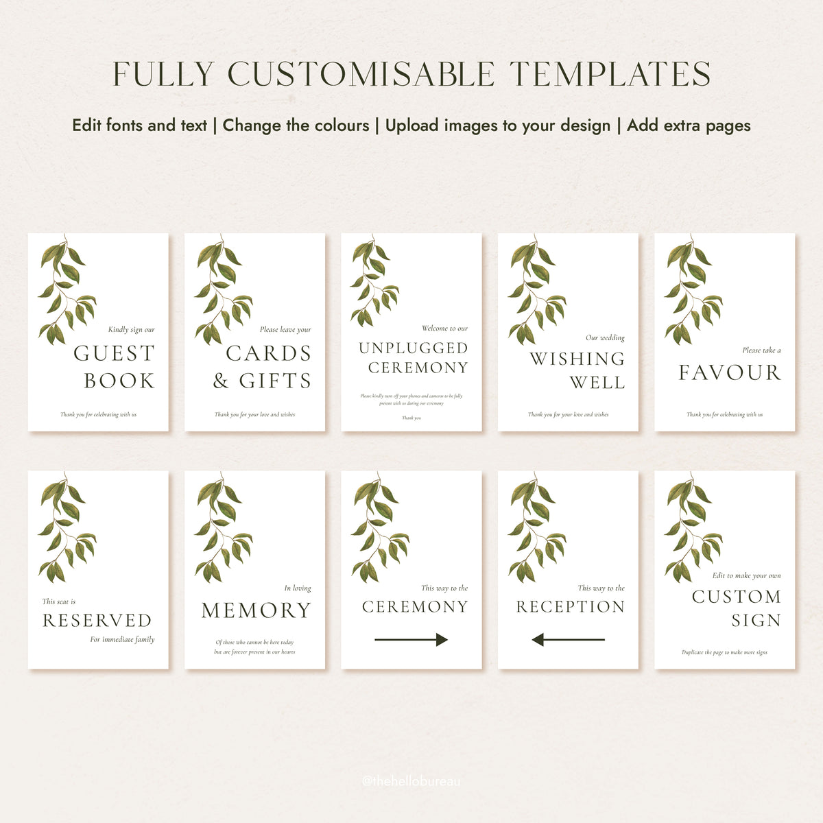 Ten editable Evergreen wedding signs with a green botanical leaf branch: guest book, cards and gifts, unplugged ceremony, wishing well, favour, reserved, memory, ceremony, reception and custom. DIY Canva templates.