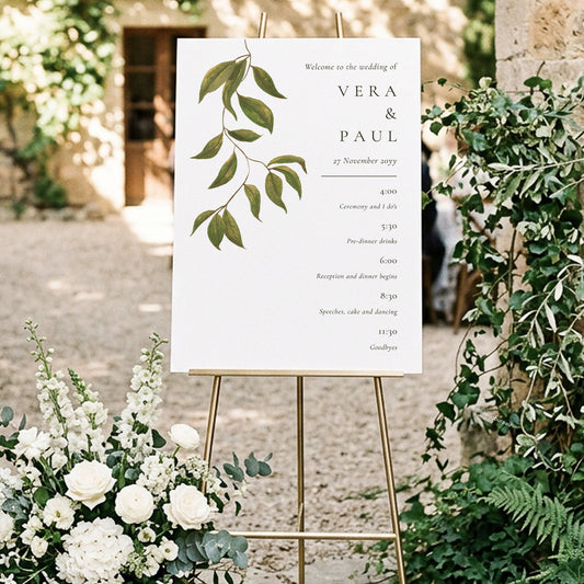 A wedding timeline sign on a gold easel, styled with white florals and a leafy courtyard background