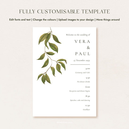 Fully customisable wedding timeline sign template with hand-painted botanical foliage, showing editable text, colours and layout options