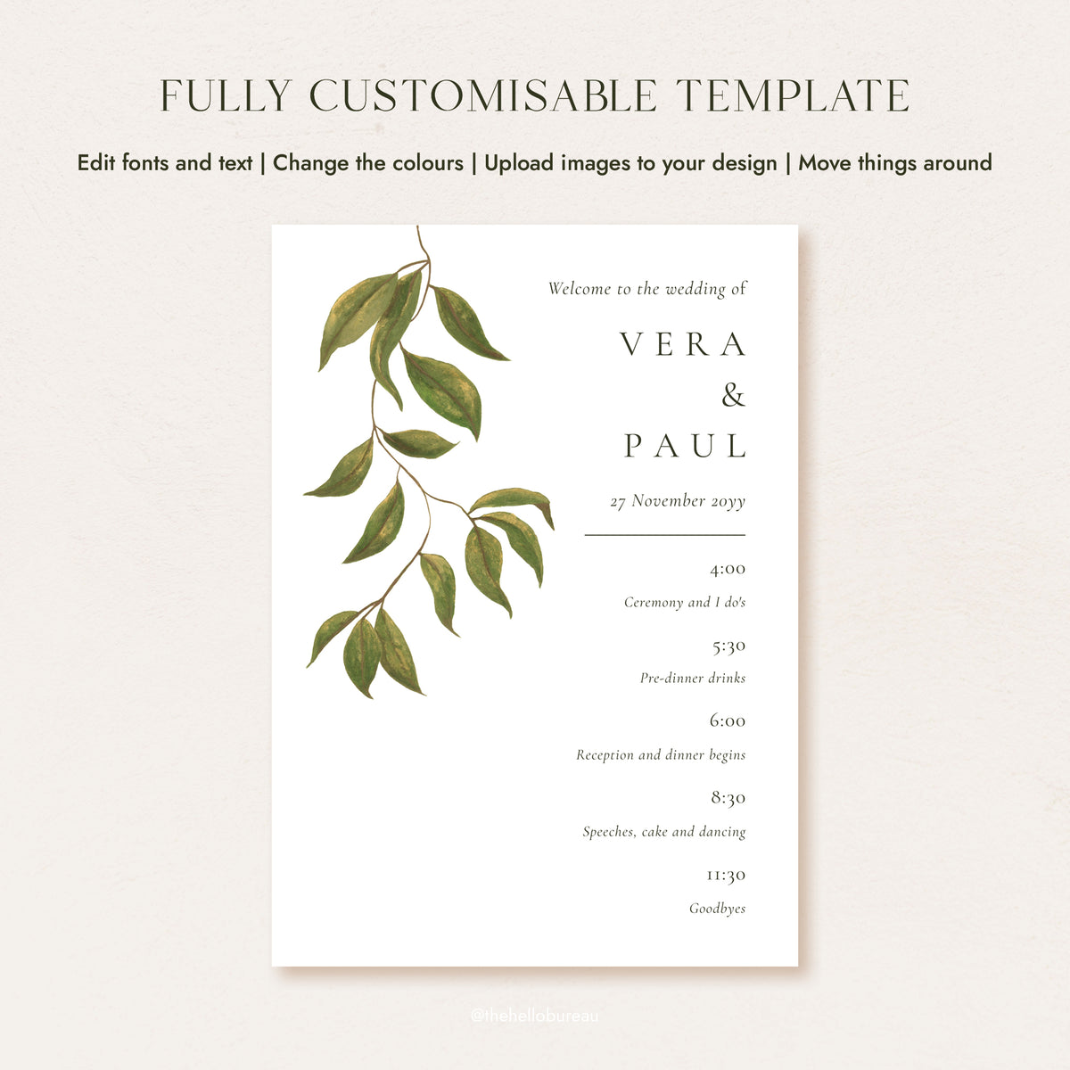 Fully customisable wedding timeline sign template with hand-painted botanical foliage, showing editable text, colours and layout options