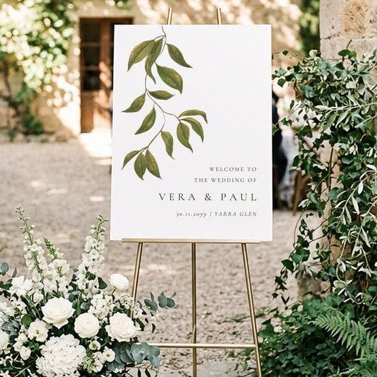 A wedding welcome sign with hand-painted botanical vine displayed on an easel, surrounded by white flowers and hanging greenery