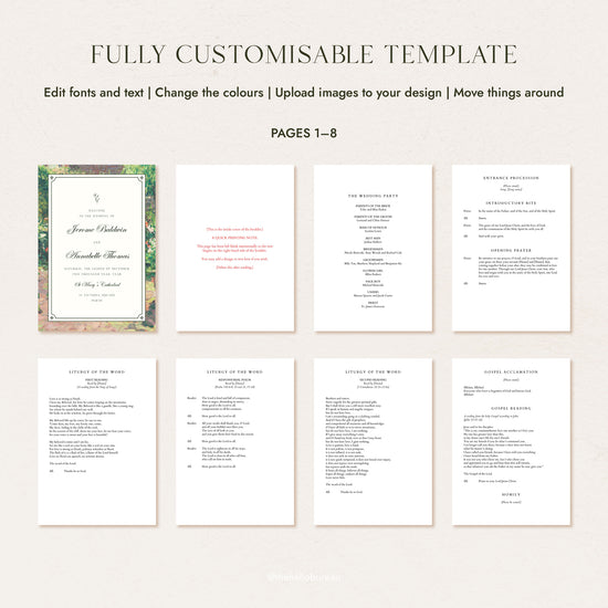 Catholic wedding ceremony booklet template pages 1 to 8, showing the cover, wedding party, and entrance procession