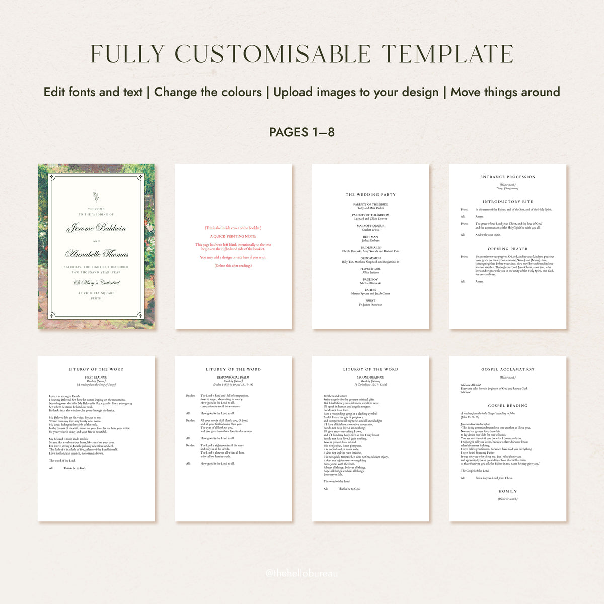 Catholic wedding ceremony booklet template pages 1 to 8, showing the cover, wedding party, and entrance procession