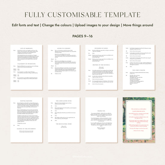 Catholic wedding ceremony booklet template pages 9 to 16, showing the rite of marriage through to the back cover