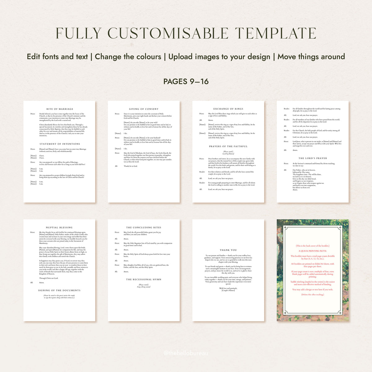 Catholic wedding ceremony booklet template pages 9 to 16, showing the rite of marriage through to the back cover