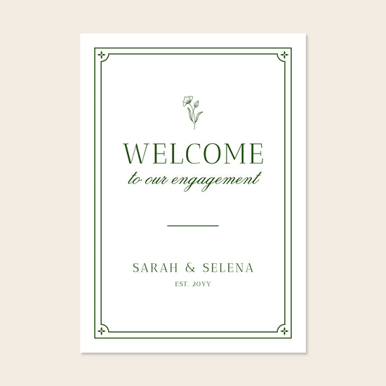 Engagement party welcome sign template design on a beige background.