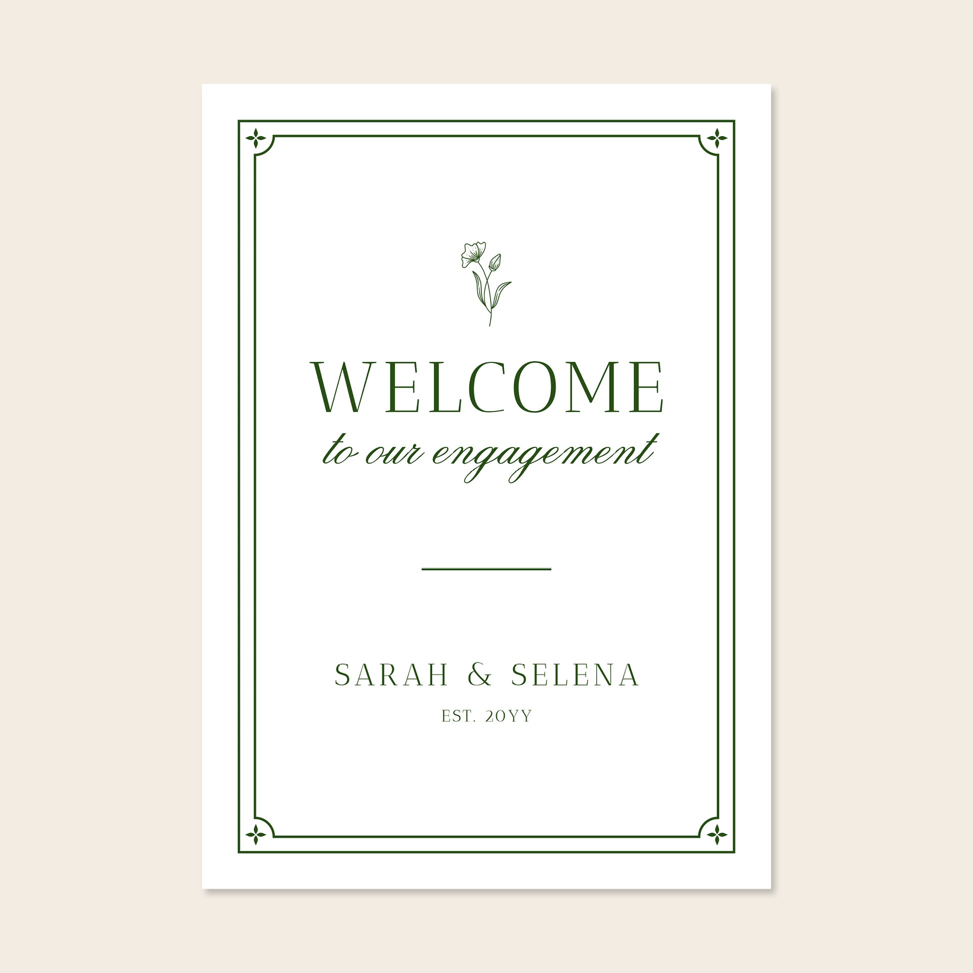 Engagement party welcome sign template design on a beige background.