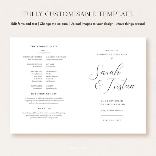 Elegant printable Catholic wedding program in Half Letter bifold, wedding party page and personalised cover
