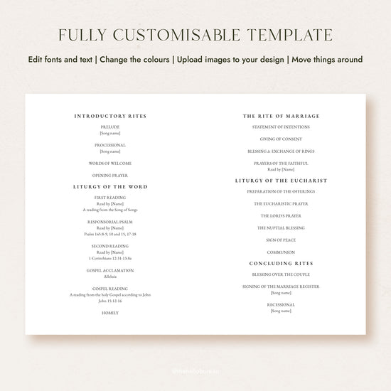 Editable Catholic wedding program template in Half Letter bifold, full ceremony outline shown across both pages