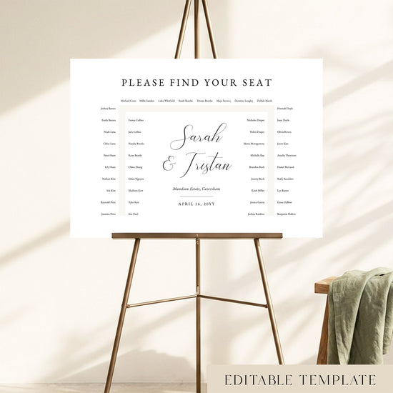 A 46-guest U-shape wedding seating chart template on a gold easel, featuring elegant calligraphy and a fully editable classic design.