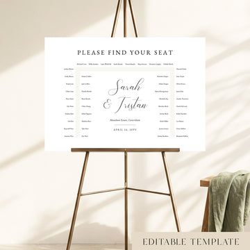 A 46-guest U-shape wedding seating chart template on a gold easel, featuring elegant calligraphy and a fully editable classic design.