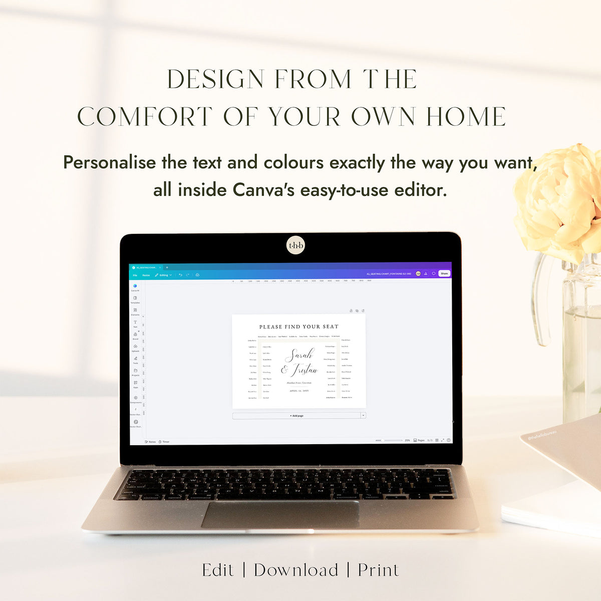Laptop displaying an editable U-shaped table seating chart template open in Canva.