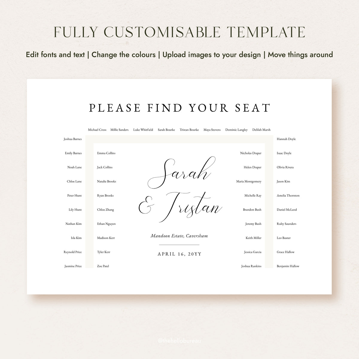 A customisable wedding seating chart template showing the editable design for a 46-guest horseshoe table plan.