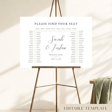A 78-guest U-shape wedding seating chart template on a gold easel, featuring elegant calligraphy and a fully editable classic design.