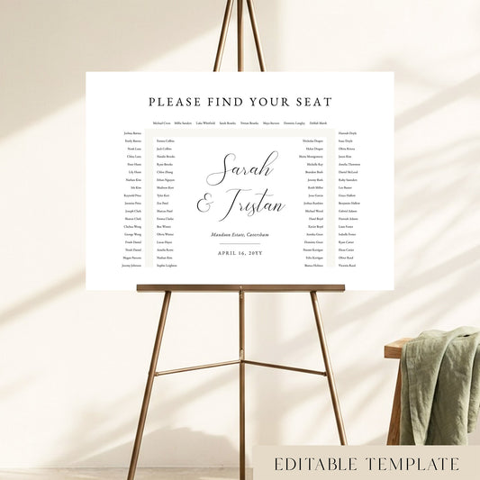 A 78-guest U-shape wedding seating chart template on a gold easel, featuring elegant calligraphy and a fully editable classic design.