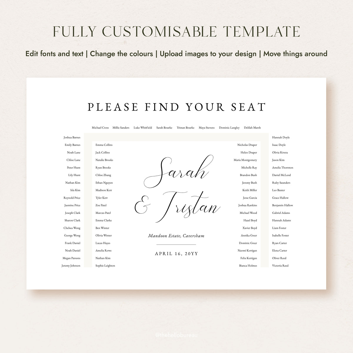 A customisable wedding seating chart template showing the editable design for a 78-guest horseshoe table plan.