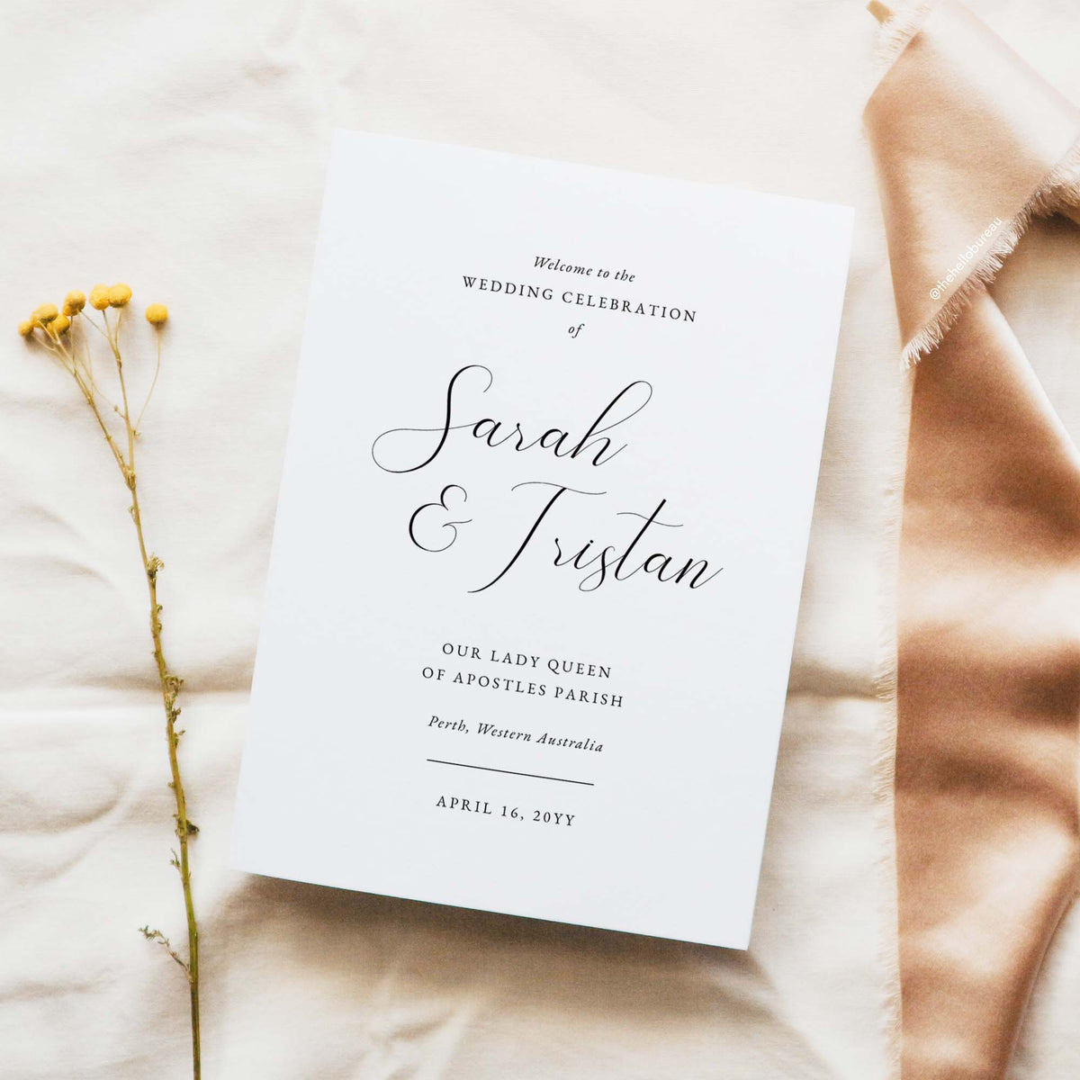 Elegant Catholic wedding program cover template, editable with couple's names and venue details
