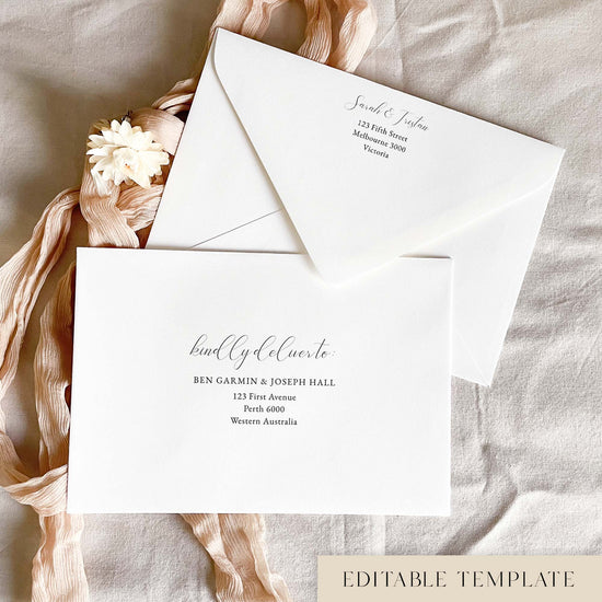 Elegant editable wedding envelope address template in Canva, with black text on a white envelope. The “kindly deliver to” script sits above the guest address, and the back flap shows a return address, styled with blush pink ribbon and a cream dried flower.