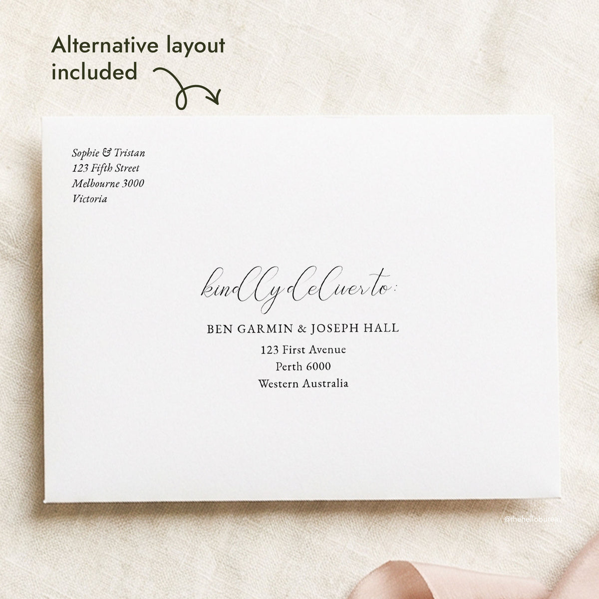 Romantic calligraphy wedding envelope address template with an alternative layout included. Black text sits on a white envelope, with the return address top left and the “kindly deliver to” guest address centred. This editable DIY template is made for Canva.