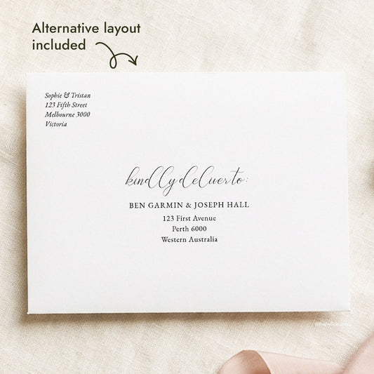 Romantic calligraphy wedding envelope address template with an alternative layout included. Black text sits on a white envelope, with the return address top left and the “kindly deliver to” guest address centred. This editable DIY template is made for Canva.